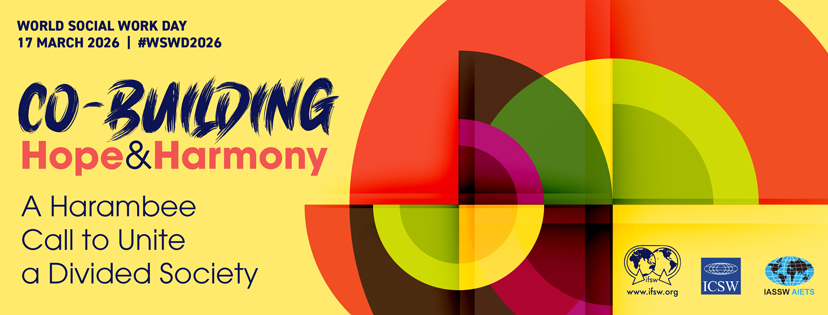 World Social Work Day 2026 poster. Yellow background with text: 'Co-building hope and harmony'. With illustrations of circles in red, green and purple to the right of the text.